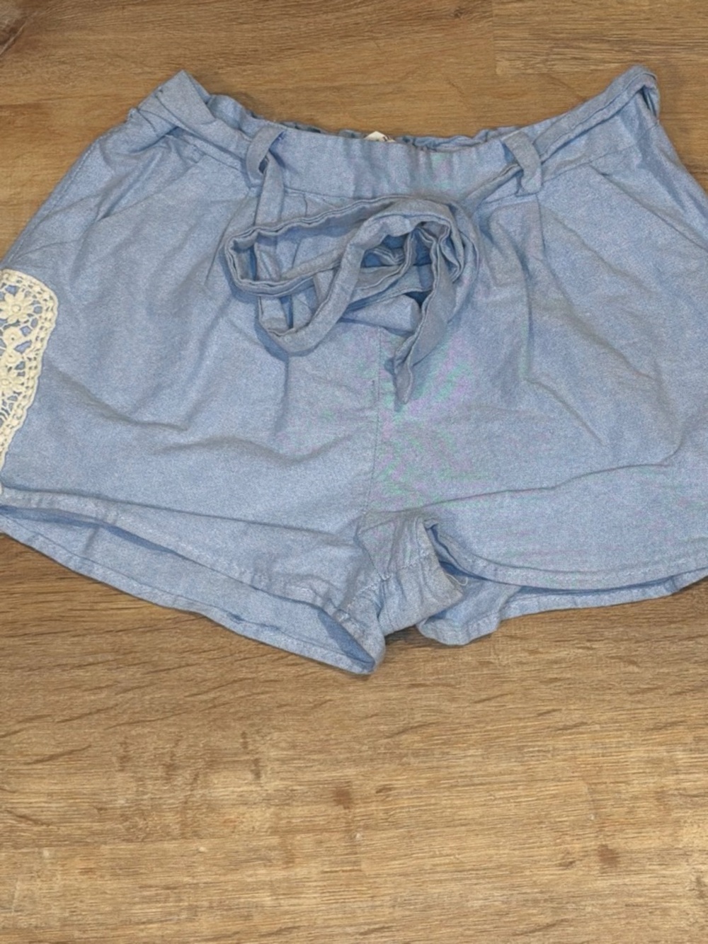miami Light Blue High-Waist Tie Front Shorts with Crochet Trim